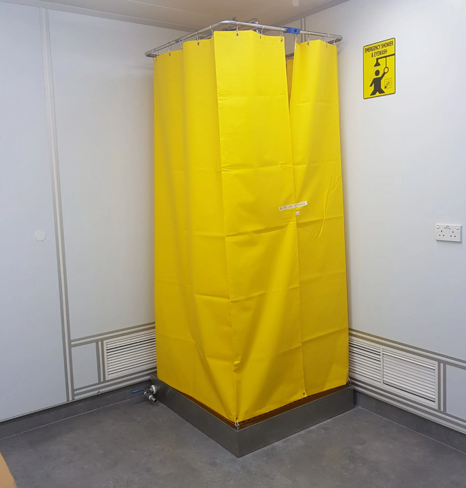 Spilldoc Curtain Booth Type Emergency Shower & Eyewash Station with waste water containment sink SDCBSE304