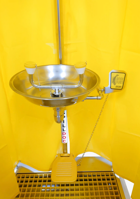 Spilldoc Curtain Booth Type Emergency Shower & Eyewash Station with waste water containment sink SDCBSE304