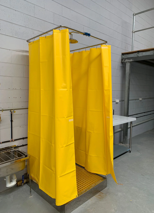Spilldoc Curtain Booth Type Emergency Shower & Eyewash Station with waste water containment sink SDCBSE304