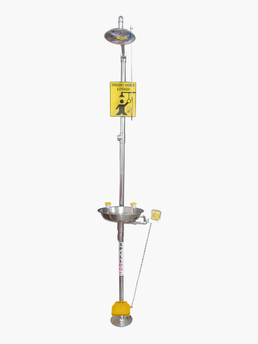 Spilldoc Curtain Booth Type Emergency Shower & Eyewash Station with waste water containment sink SDCBSE304