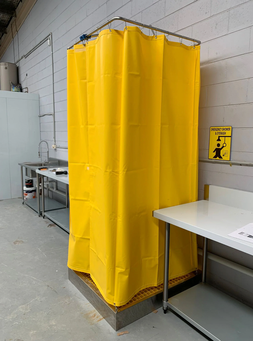 Spilldoc Curtain Booth Type Emergency Shower & Eyewash Station with waste water containment sink SDCBSE304